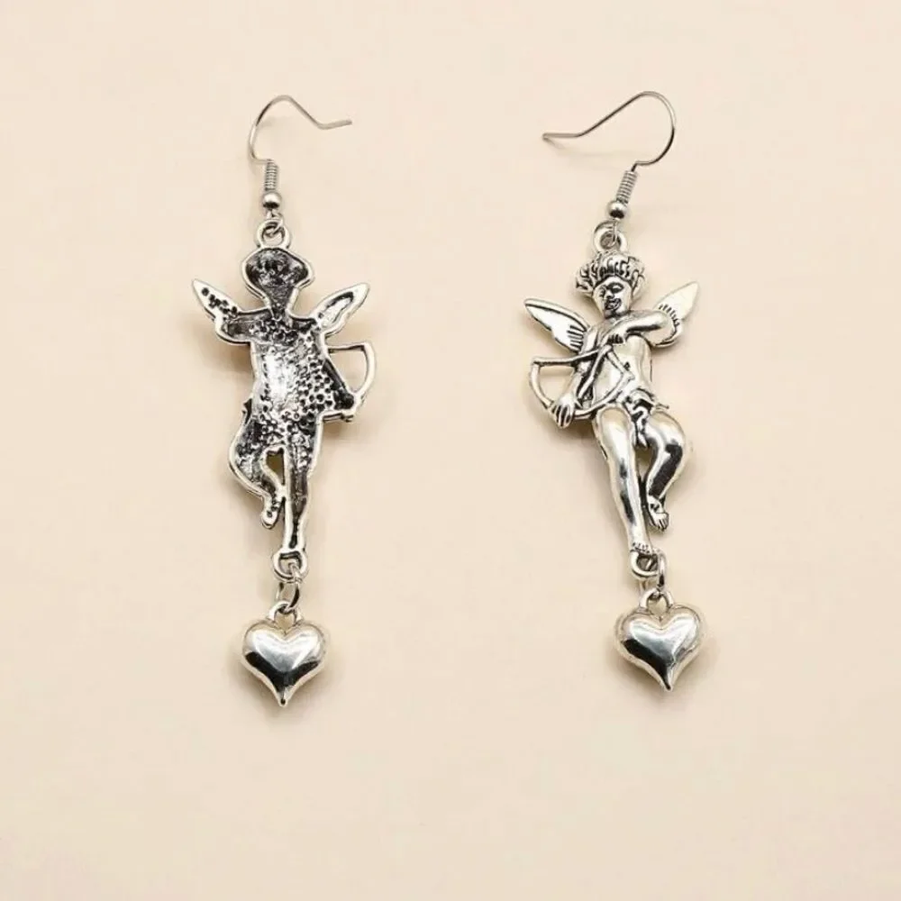 Pair of cupid, dangle drop earrings, heart, love, arrow, silver
